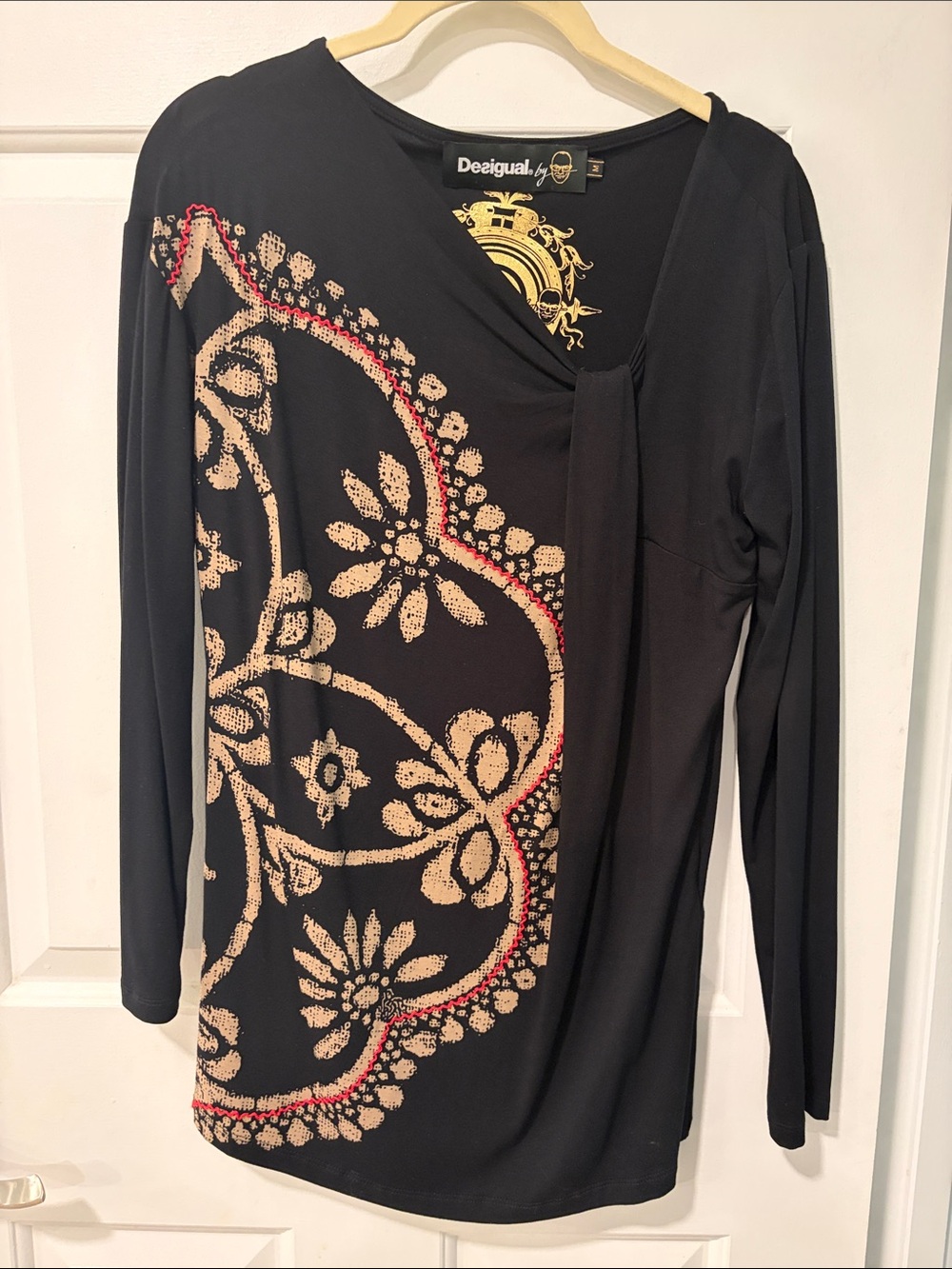 Desigual Black Long-Sleeve Top with Cream Floral and Red Accents